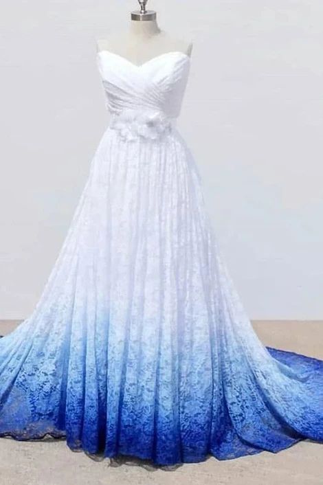 a white and blue wedding dress